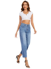 High Rise Straight Leg Jeans Loose Embossed Crotch Pocket Long Pants