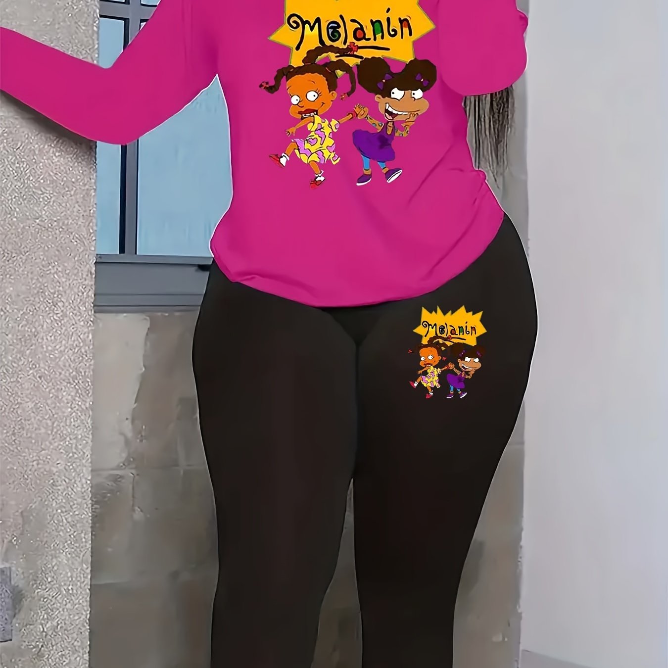Women's Casual 2 Piece Set Letter & Cartoon Print Top & Leggings