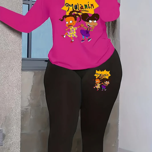 Women's Casual 2 Piece Set Letter & Cartoon Print Top & Leggings