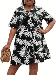 Women's Plus Floral Print Button Up Long Sleeve Shirt Dress