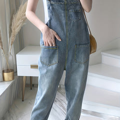 Loose Fit Denim Overalls Patch Pockets Non Stretch Adjustable Strap Versatile