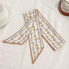 Yellow Floral Print Skinny Scarf Silky Long Ribbon Neckerchief Classic Satin