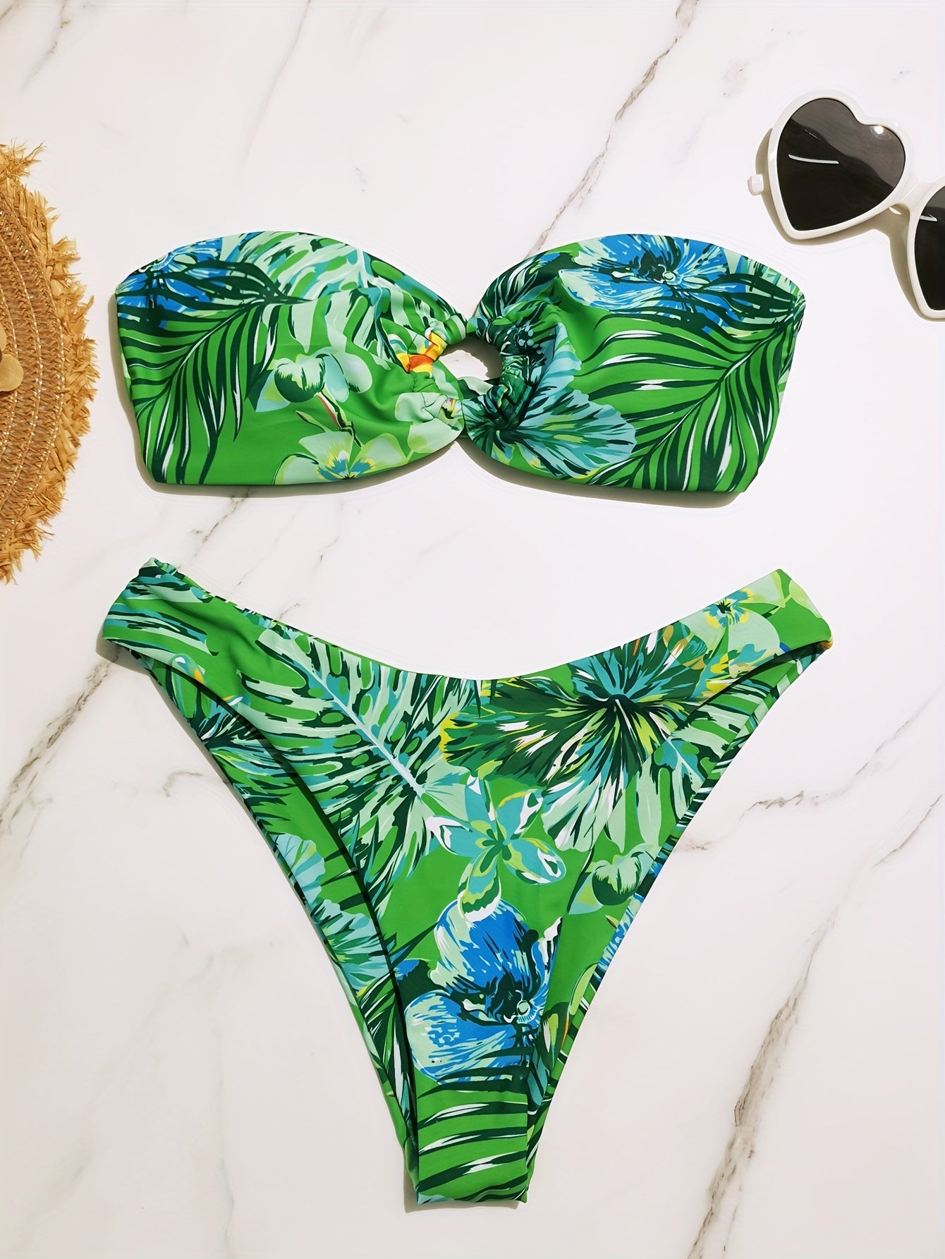 Tropical Plant Leaf & Flower Print Bandeau Two Piece Bikini Set
