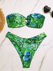 Tropical Plant Leaf & Flower Print Bandeau Two Piece Bikini Set