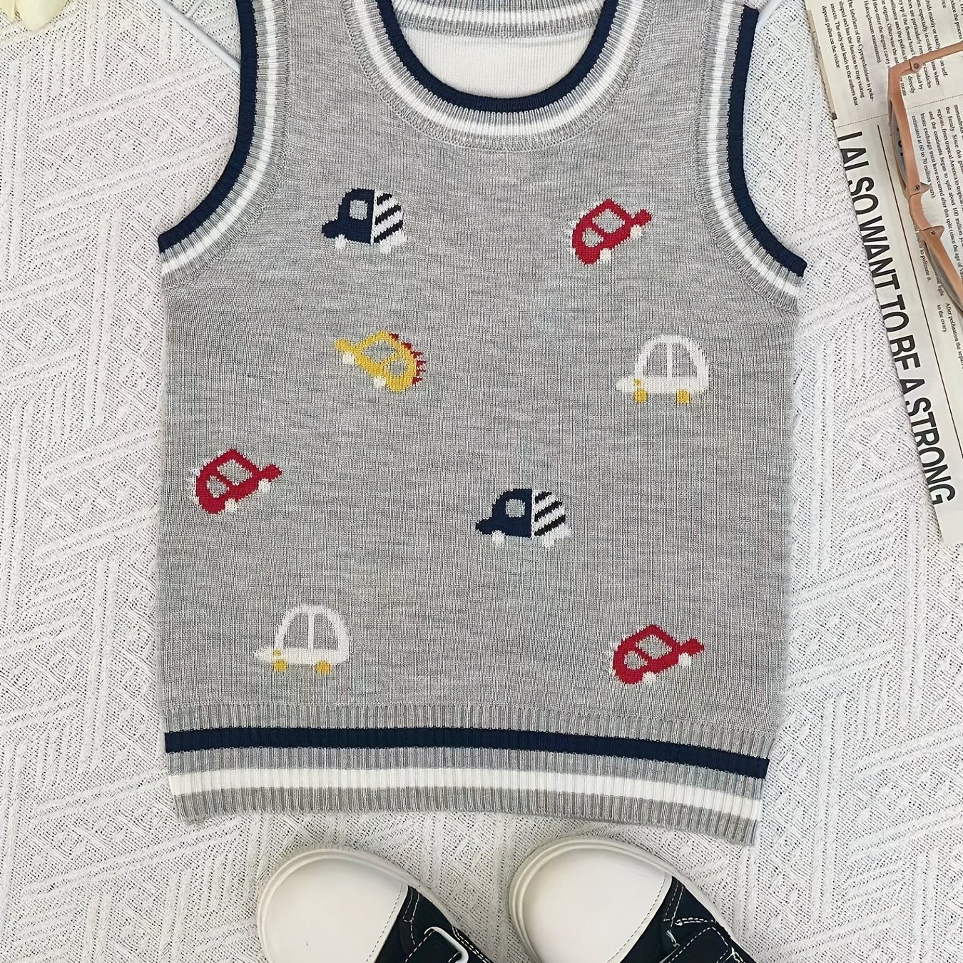 Boys Cartoon Car Graphic Print Sleeveless Sweater Vest