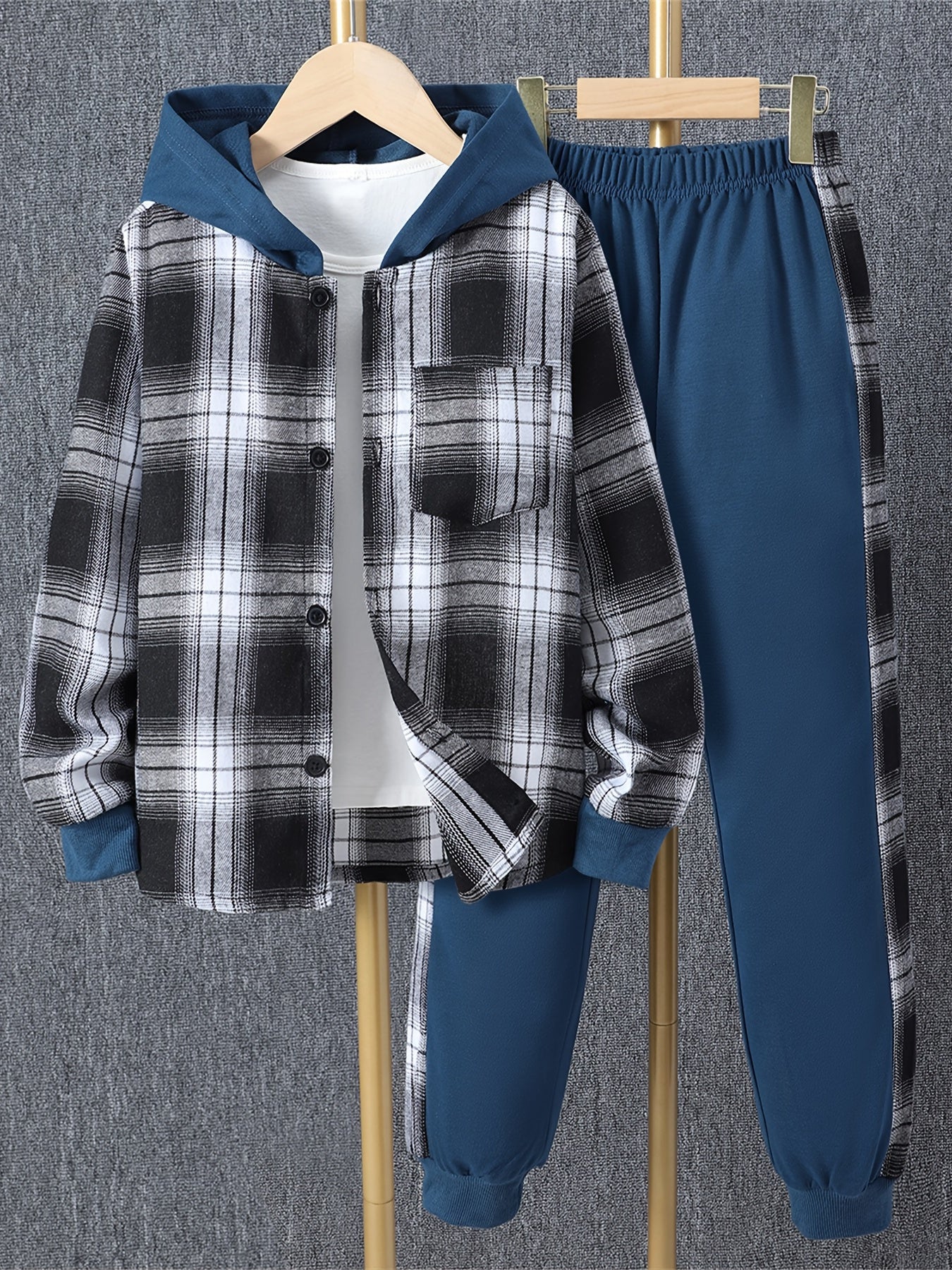 Toddler Boys Plaid Button Hoodie & Sweatpants Set