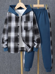 Toddler Boys Plaid Button Hoodie & Sweatpants Set