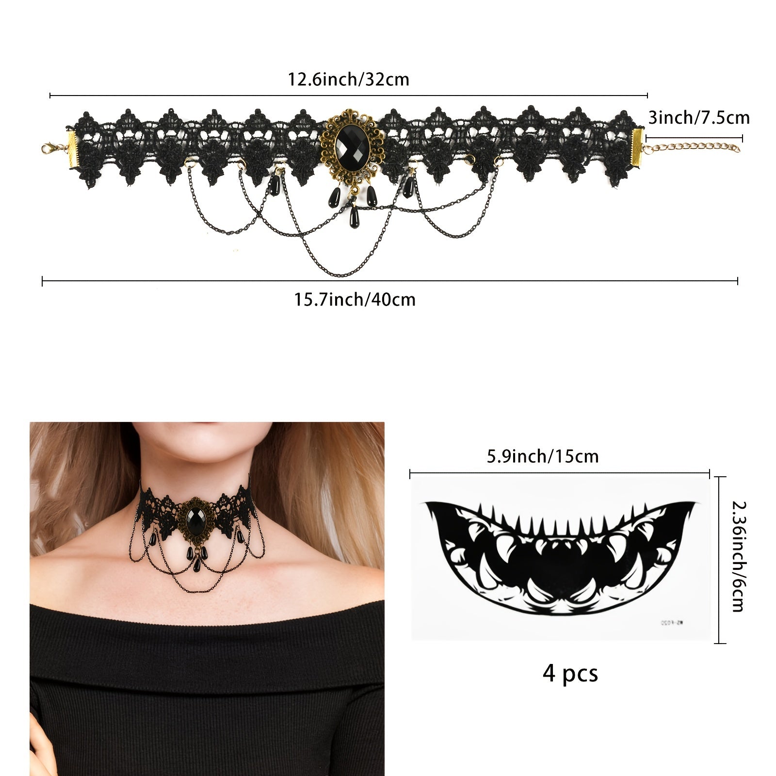 Women's Halloween Long Curly Wig with Necklaces & Skull Stickers