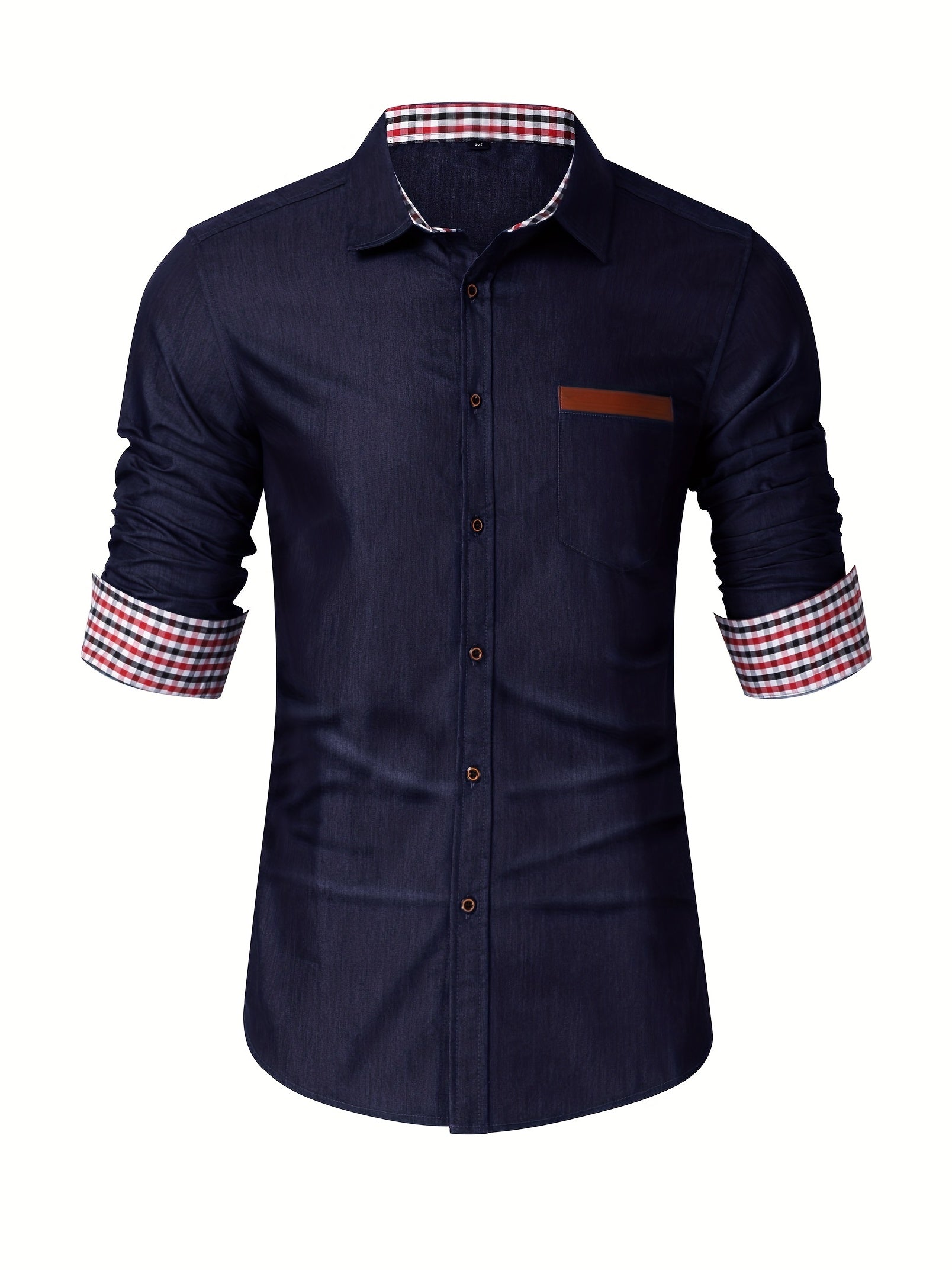 Men's Casual Cotton Navy Denim Button Up Shirt With Stripe Lining