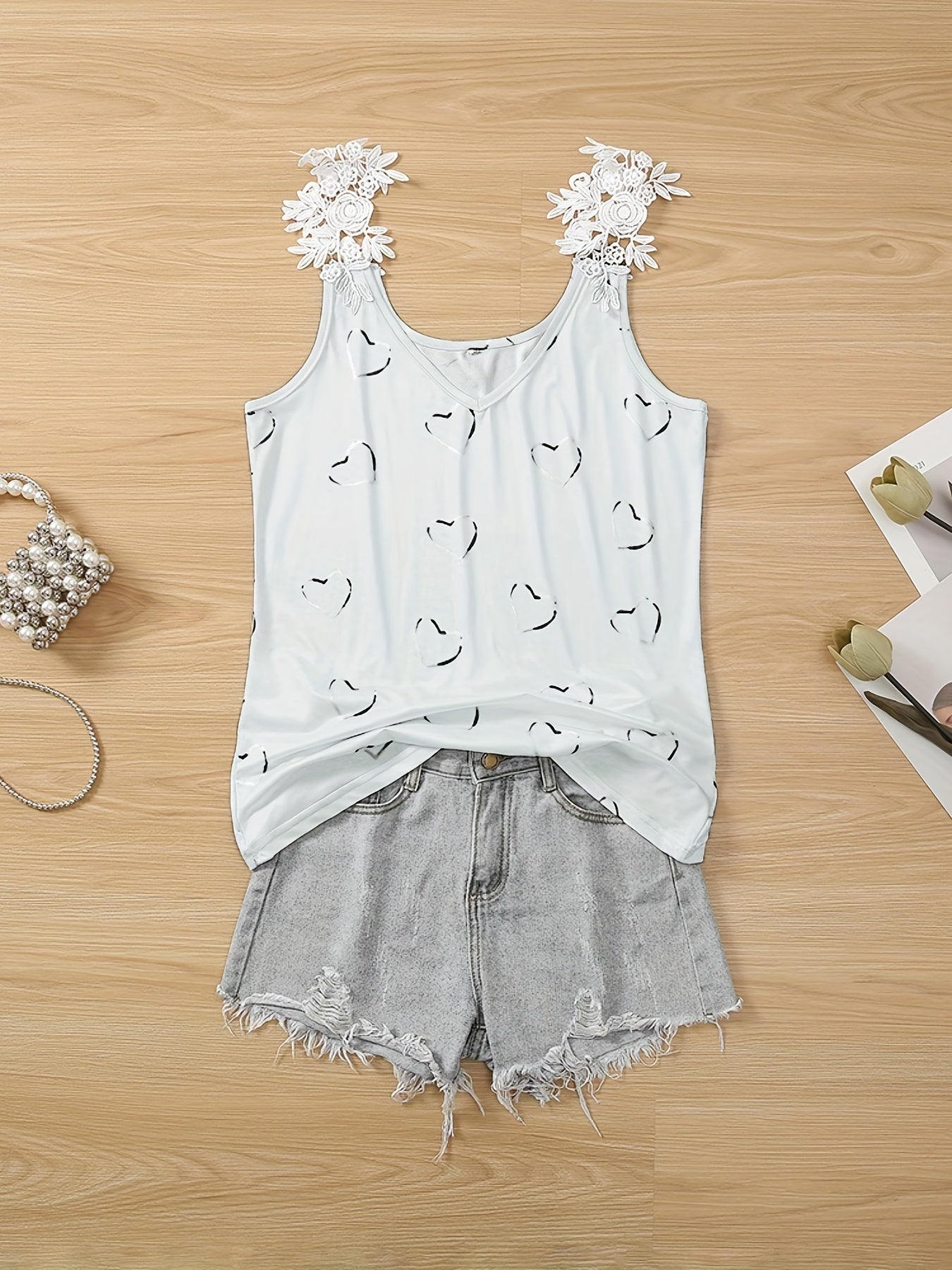 Heart Print Lace Strap Tank Top Sexy V Neck Sleeveless Summer Women's Top