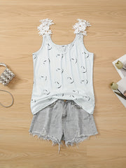 Heart Print Lace Strap Tank Top Sexy V Neck Sleeveless Summer Women's Top