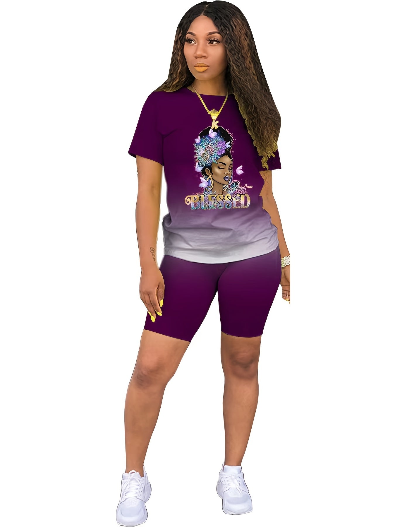 Casual Gradient Two-piece Set Crew Neck Short Sleeve T Shirt & Elastic Waist Sho