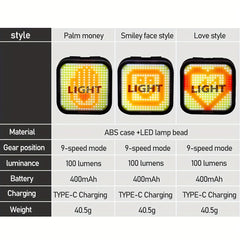 USB Rechargeable LED Bike Taillight 9 Modes 400mAh Heart Palm Smile