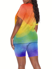 V Neck Short Sleeve Tee & Workout Slim Shorts Set Women's Clothing