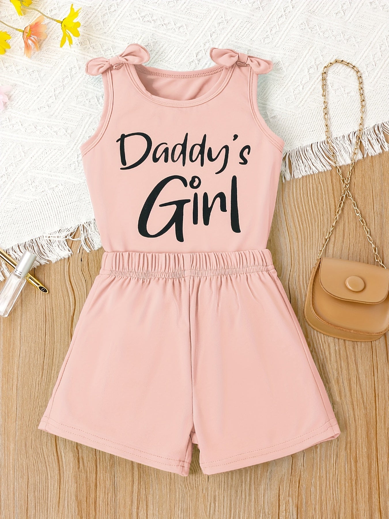 2pcs Girls Casual DADDY'S GIRL Letter Graphic Print Bow Shoulder Sleeveless Set