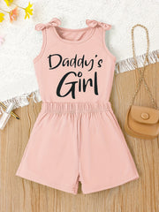 2pcs Girls Casual DADDY'S GIRL Letter Graphic Print Bow Shoulder Sleeveless Set
