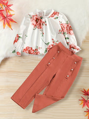 Floral Trumpet Sleeve Shirt & Button Pants Set for Toddler Girl