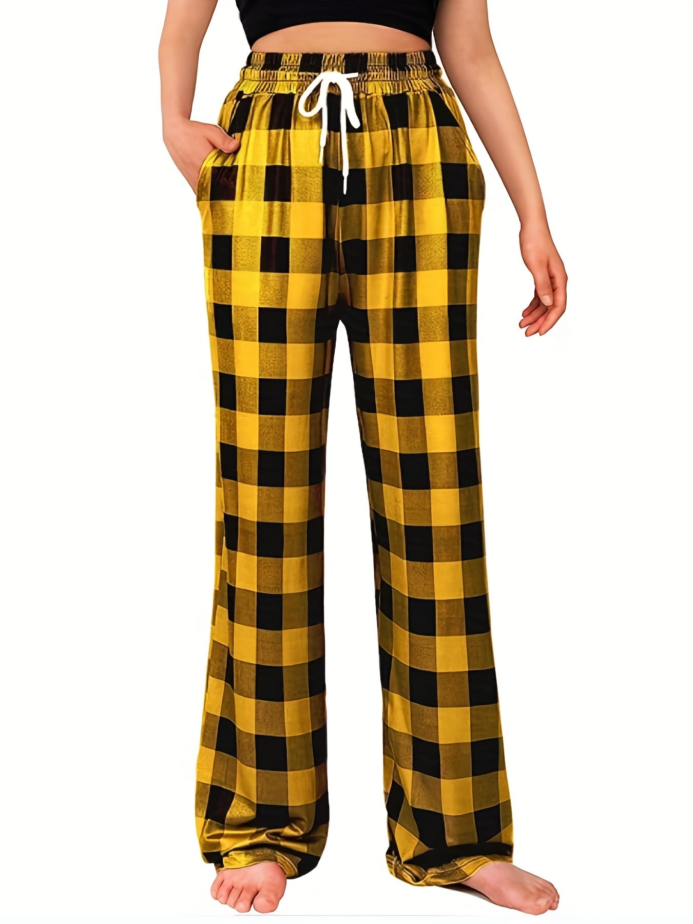 Colorblock Plaid Lounge Pants Drawstring Lace Up Womens Loungewear