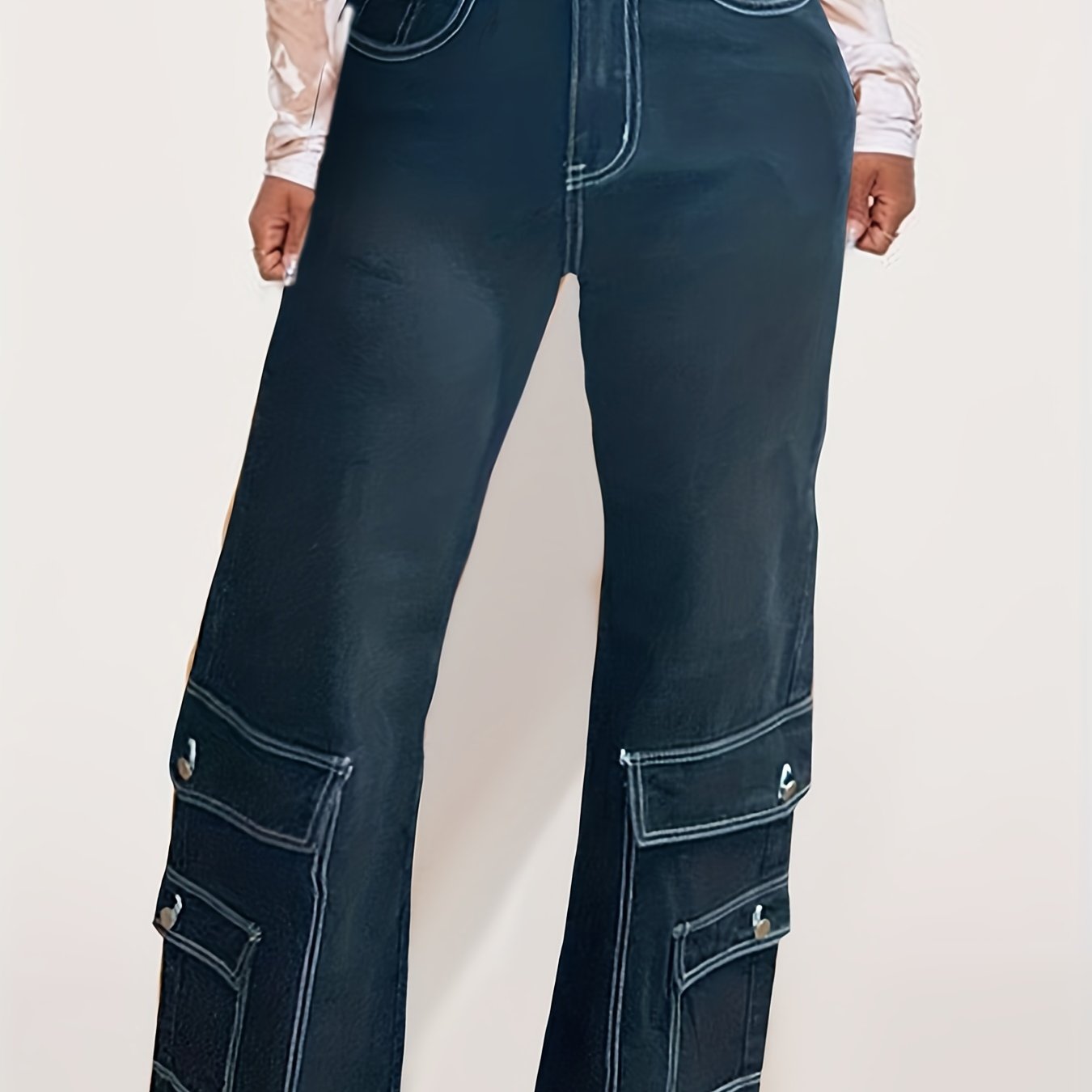 Cargo Denim Pants High Rise Loose Fit