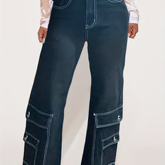 Cargo Denim Pants High Rise Loose Fit