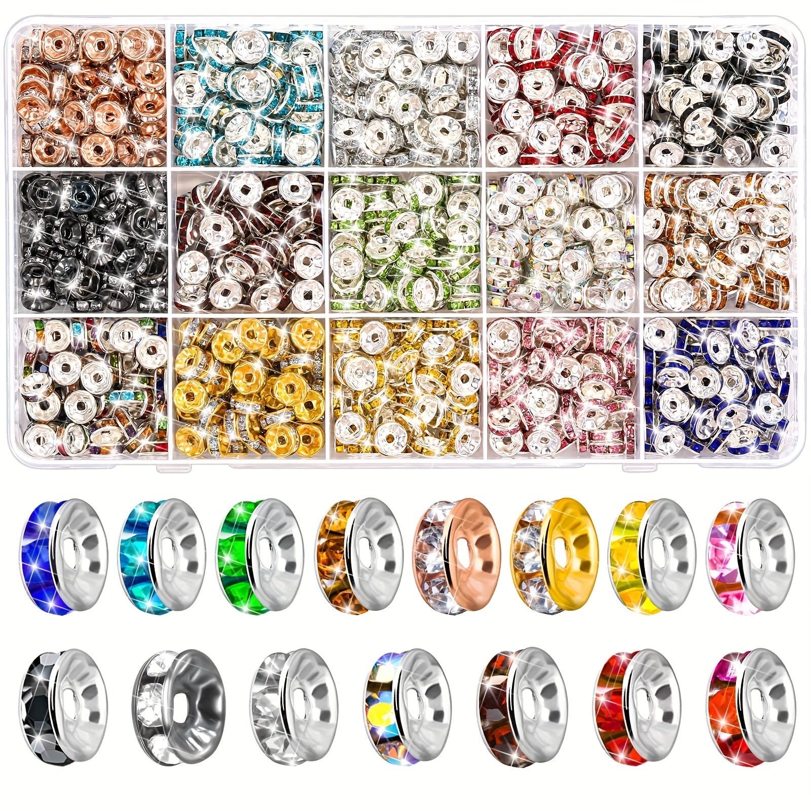 900pcs 8mm Rhinestone Spacer Beads 15 Colors