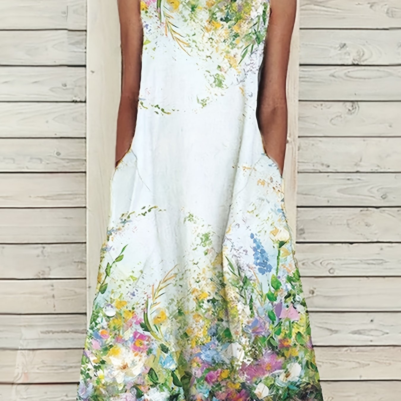 Floral Print Sleeveless Dress Casual Summer Midi Dress With Pockets