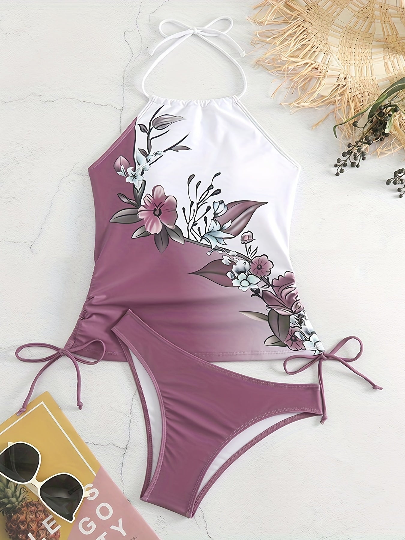 Floral Print Omber Halter 2 Piece Set Swimsuit Drawstring Tie Neck