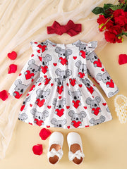 2pcs Baby Girls Heart And Bear Print Dress & Headband Set for Spring/Autumn