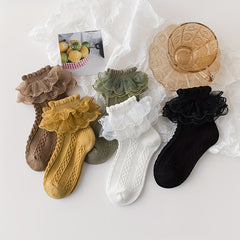 5 Pairs Girls Cotton Lace Ruffled Socks Kids Children's Short Socks
