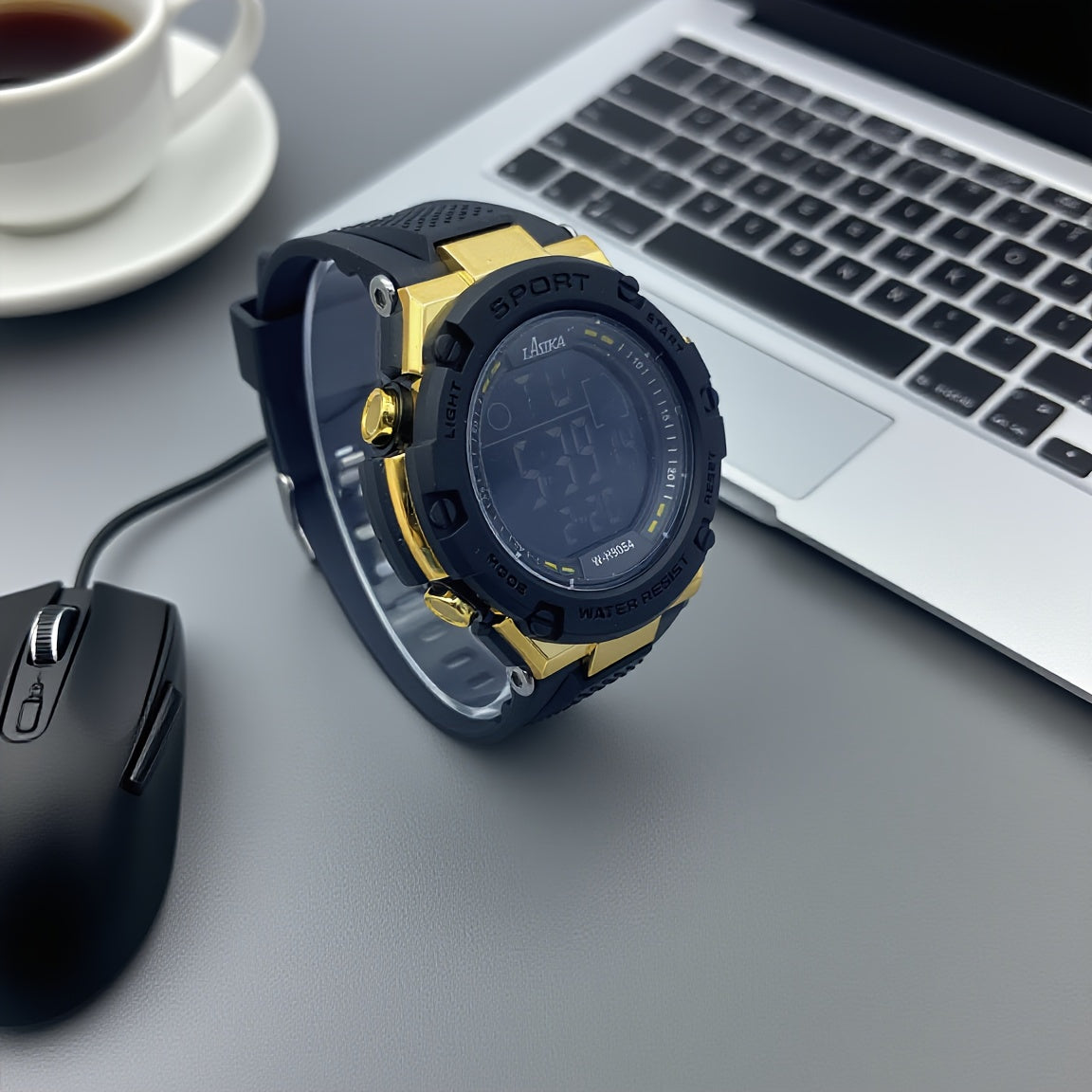 Boys' Sporty Digital Watch with Alarm Luminous Dial Golden Accents