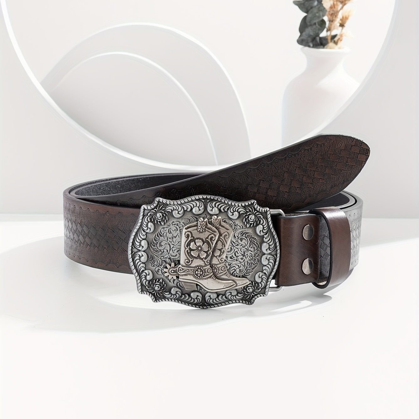Men's Floral PU Leather Boost Belt Casual Jeans Cowboy Waist Strap