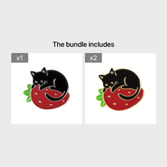 Cat & Strawberry Brooch Set Cute Animal Fruit Pins for Clothing Bags