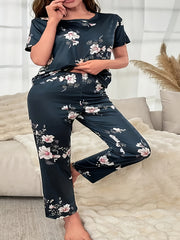 Floral Print Plus Size Lounge Set Tee & Pants Pajamas