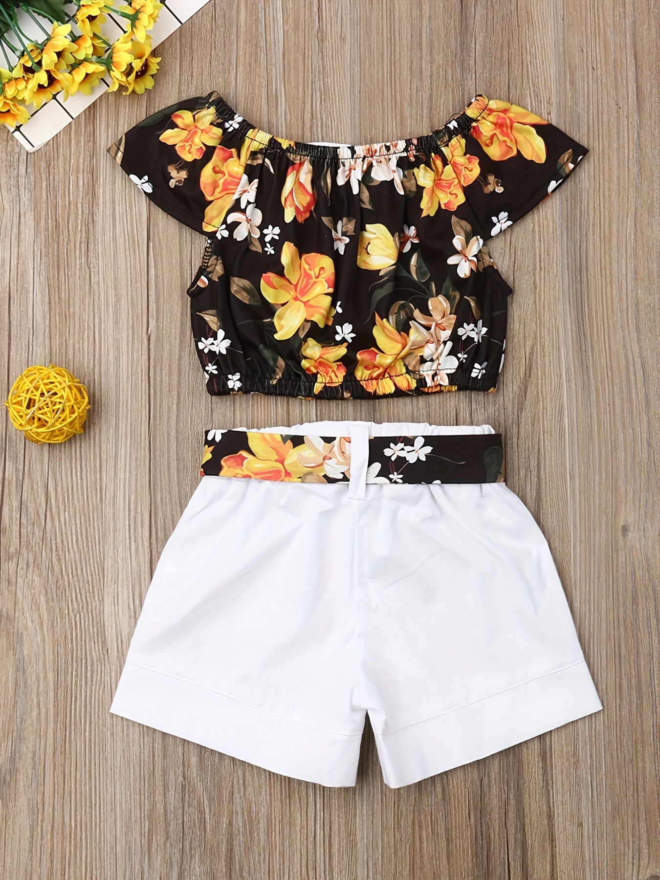 Baby Girls Floral Print Off Shoulder Top & Shorts Set