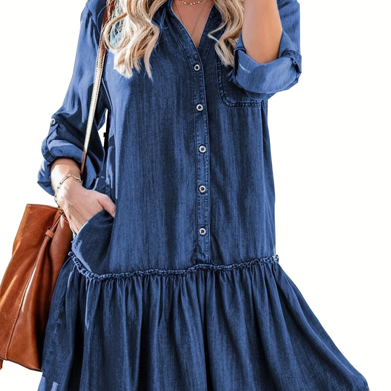 Women's Denim Dress with Stand Collar and Ruffle Trim
