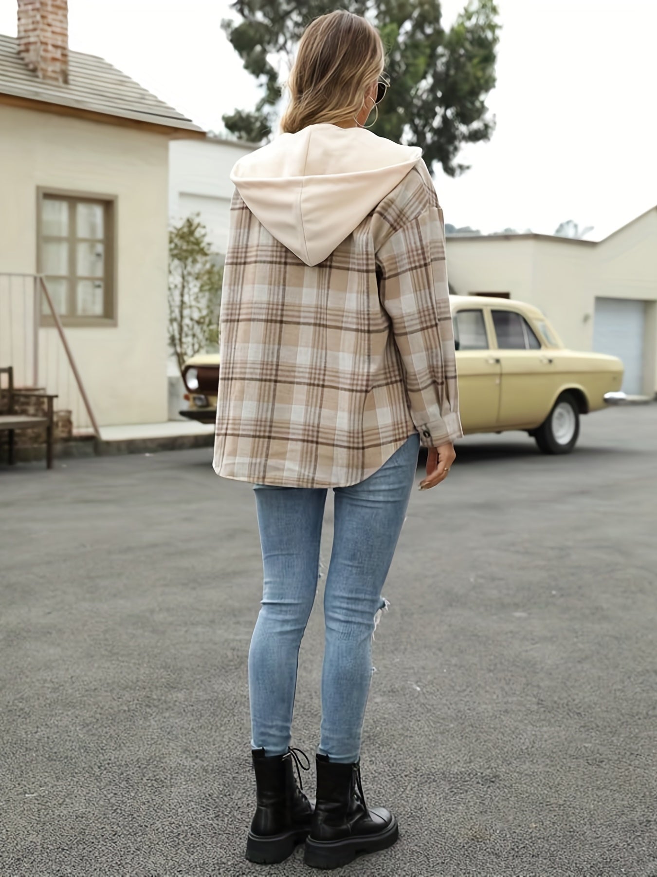 Plaid Flap Pockets Hooded Jacket for Fall & Winter