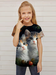 3D Cat Graphic Short Sleeve T-shirt for Girls