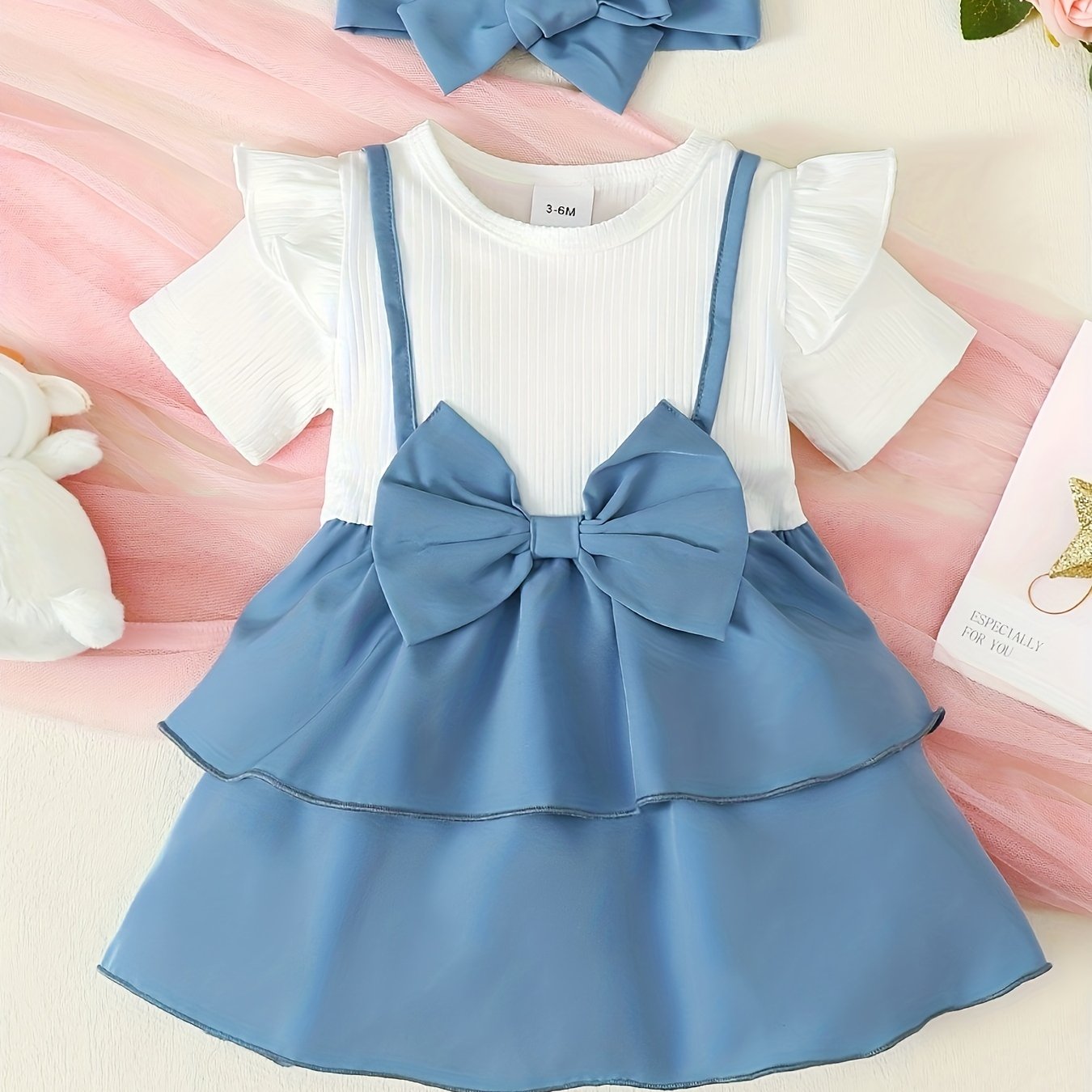 Baby Girl's 2pc Casual Set 2 In 1 Block Patchwork Dress & Headband
