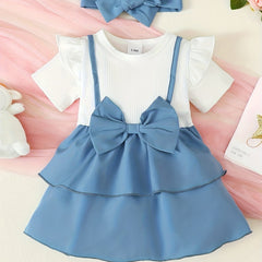 Baby Girl's 2pc Casual Set 2 In 1 Block Patchwork Dress & Headband