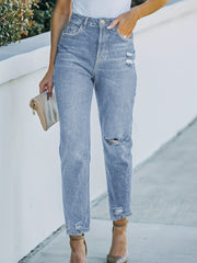 Loose Fit Straight Jeans with Ripped Holes
