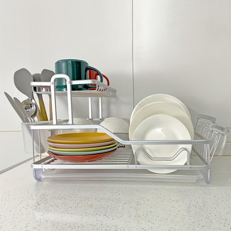 2-Tier Aluminum Dish Drying Rack with Utensil Holder