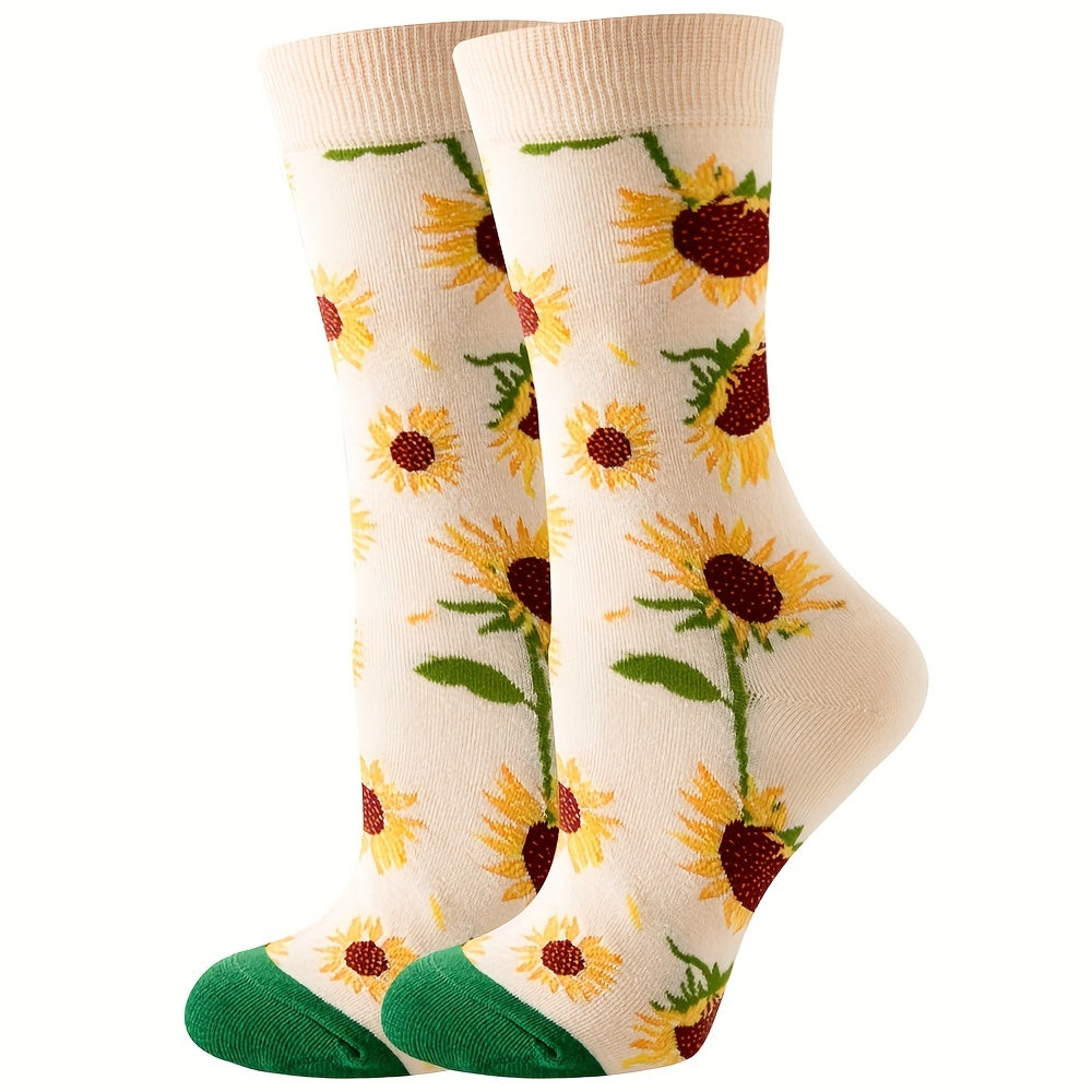 Sunflower Pattern Socks Comfy & Breathable Mid Tube Socks Women's Stockings