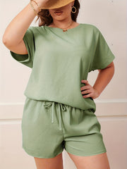 Women's Plus Solid Short Sleeve Top & Tie Shorts Two Piece Set