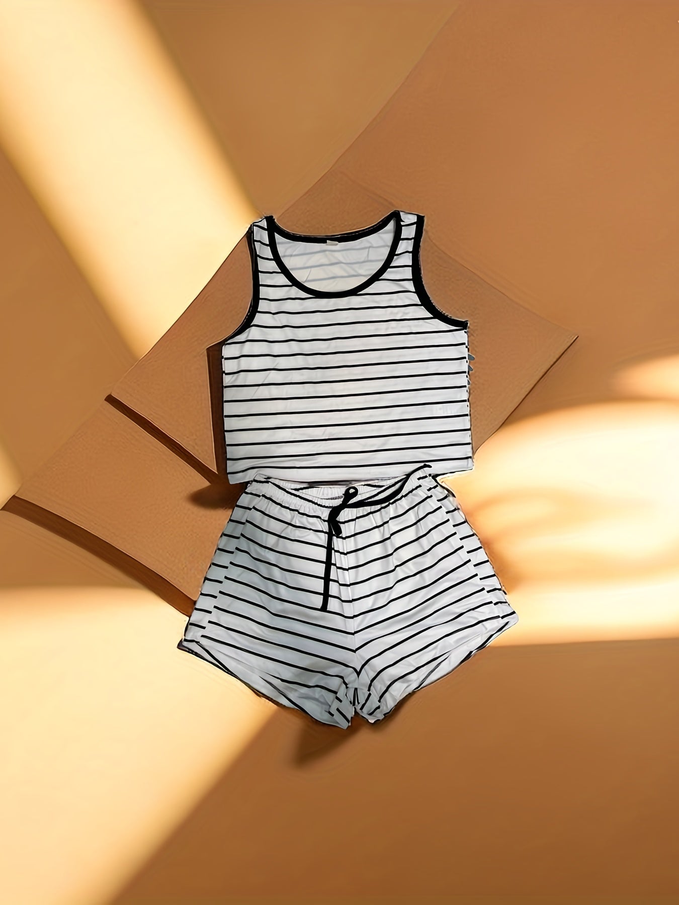 Striped Print Pajama Set Tank Top & Shorts Women's Sleepwear
