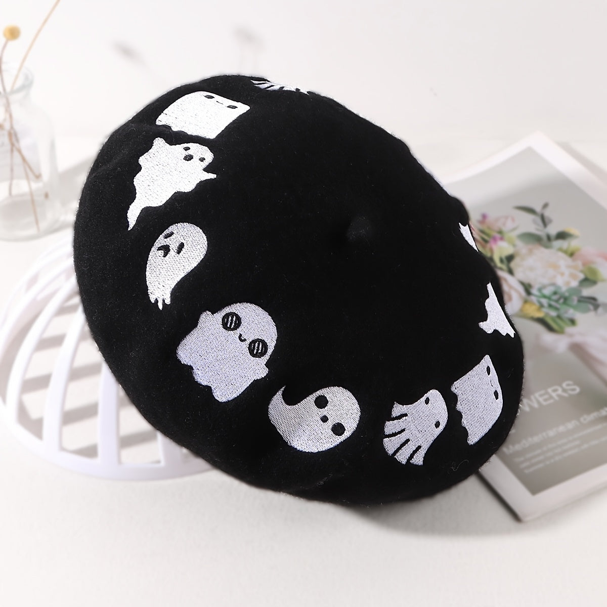 Ghost Embroidery Woolen Beret Women's Hat Painter Hat Winter Warm Beret Hat Cap