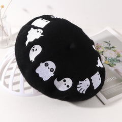 Ghost Embroidery Woolen Beret Women's Hat Painter Hat Winter Warm Beret Hat Cap