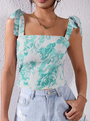 Floral Print Tank Top Sexy Summer Sleeveless Knotted Backless Zip Up Cami Tops