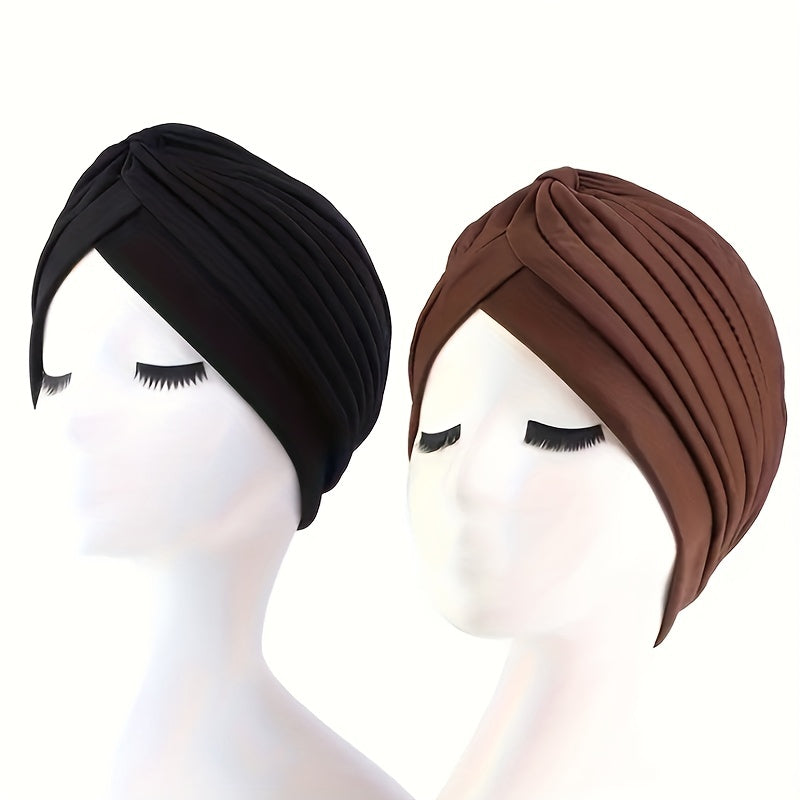 2pcs Pleated Elastic Turban Cap Solid Head Wraps Casual Hijab Hats