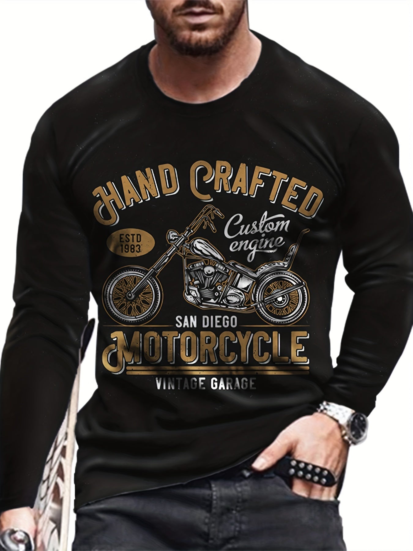 Motorcycle Print Men's Long Sleeve Tee Vintage Style Autumn Clothing