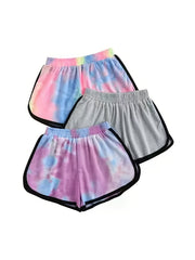 3 Pack Plus Size Casual Shorts Women's Plus Tie Dye & Solid Elastic Sleek